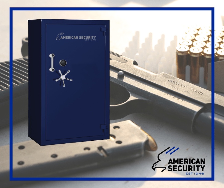 A blue gun safe with a picture of a handgun and bullets in the background. The text “American Security Est. 1946” overlays the image.