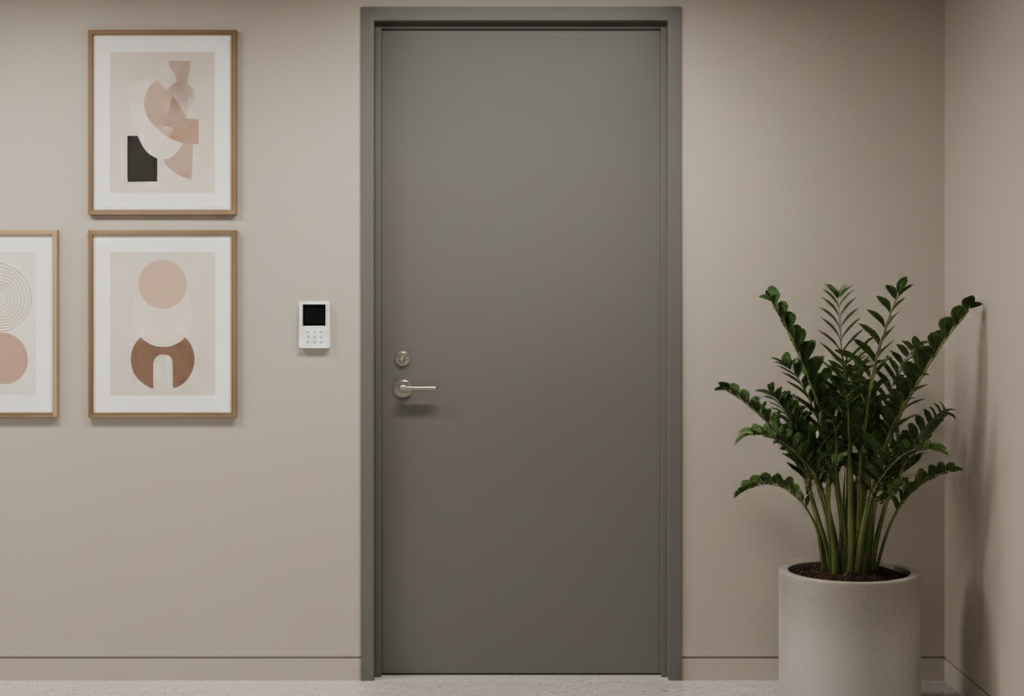 Modern interior office door with keypad access panel, neutral wall décor, and a potted plant in a clean hallway.