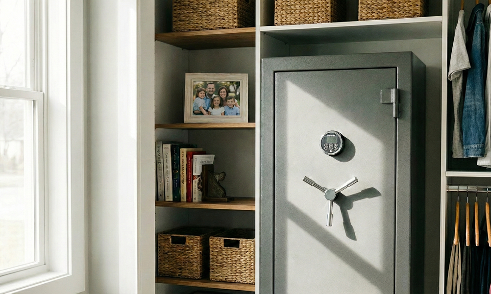 Gun safe in a bright home closet beside shelves with books and baskets, showing secure firearm storage in a family home.
