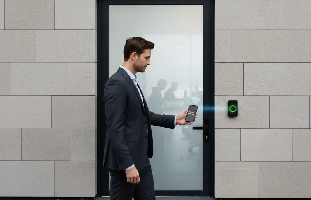 Business professional uses smartphone to unlock a commercial door with a touchless access control reader on the wall.